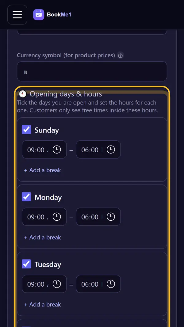 Open Business settings