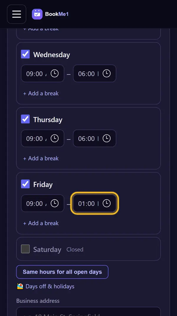 Tick your days and set the hours