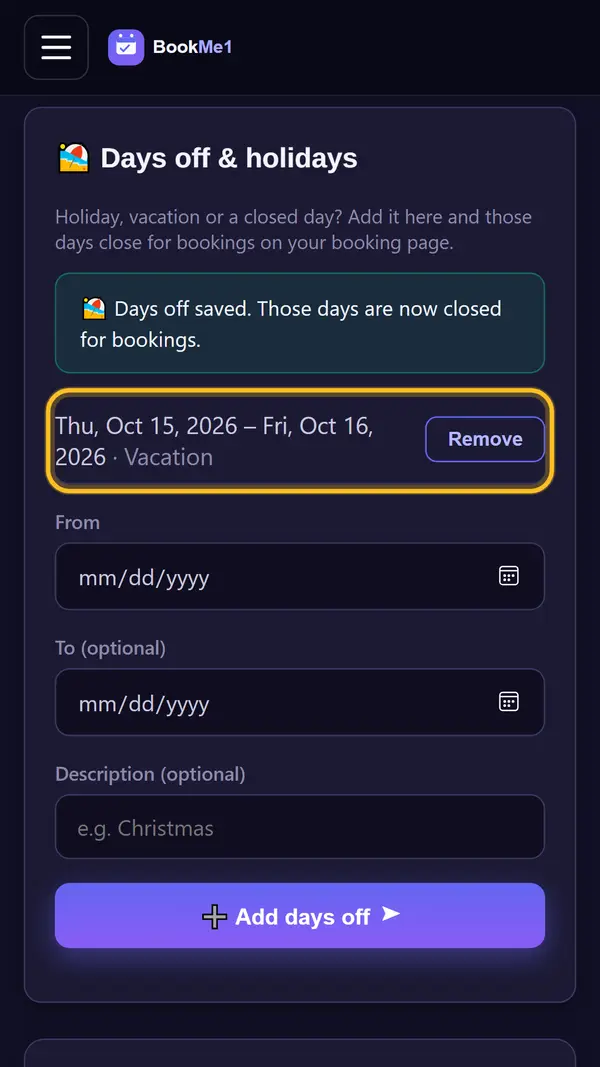 Add days off and holidays