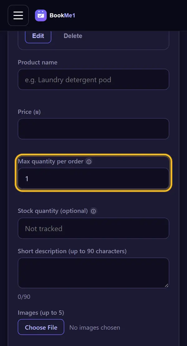 Maximum quantity per booking