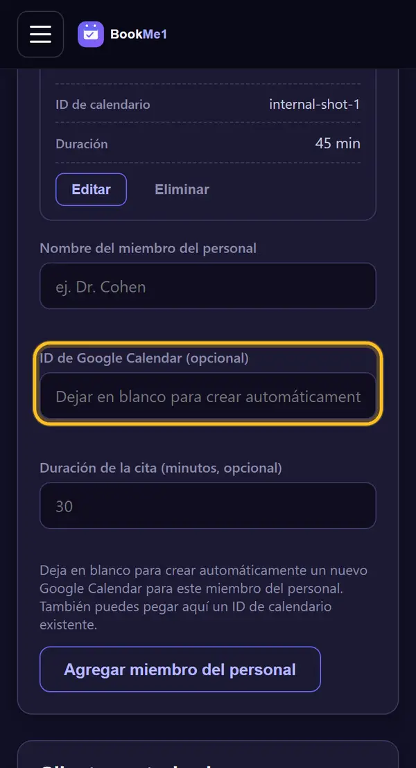 Deja vacío el ID de calendario