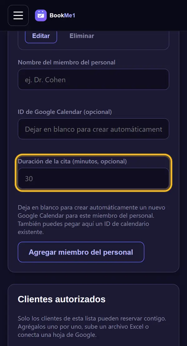 Define la duración de la cita (opcional)