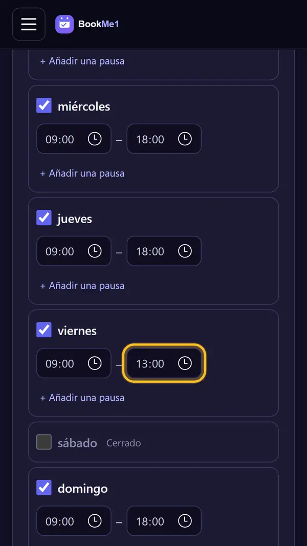 Marca los días y define el horario