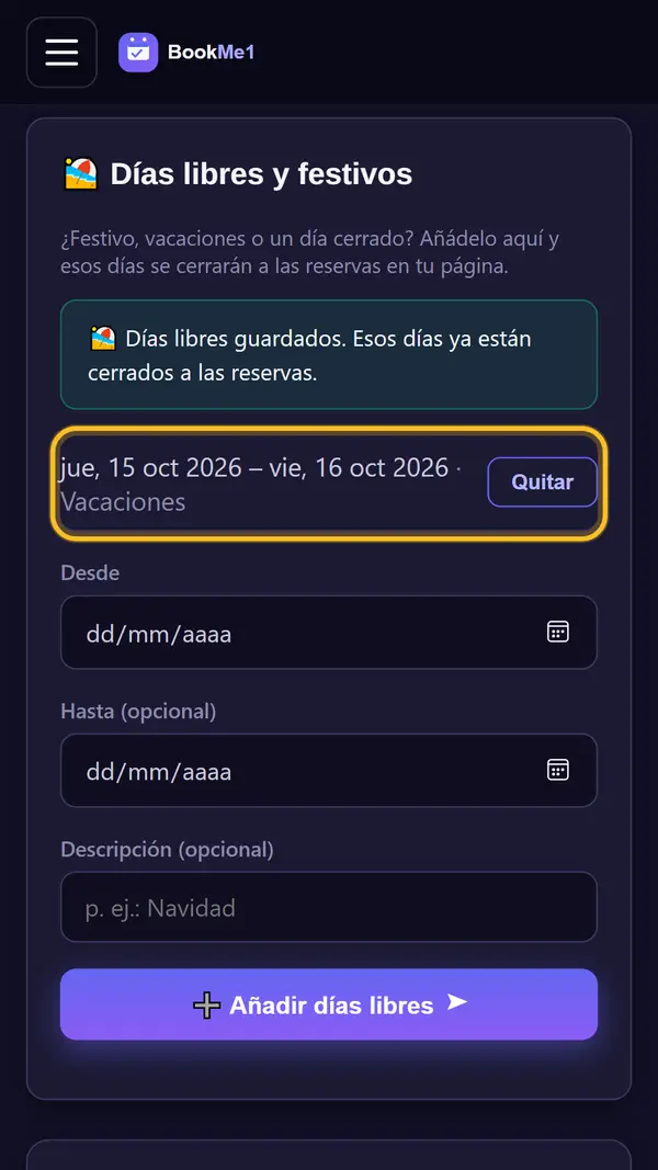 Añade días libres y festivos