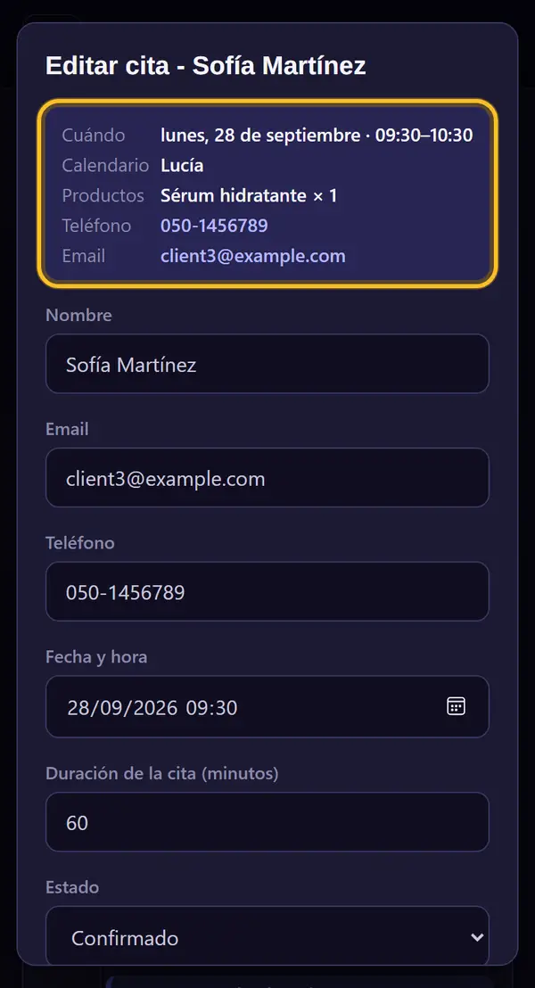 Detalles de la cita