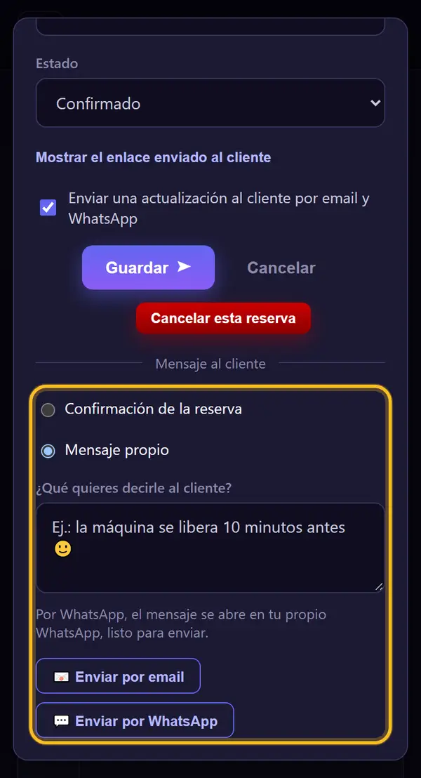 Mensaje al cliente