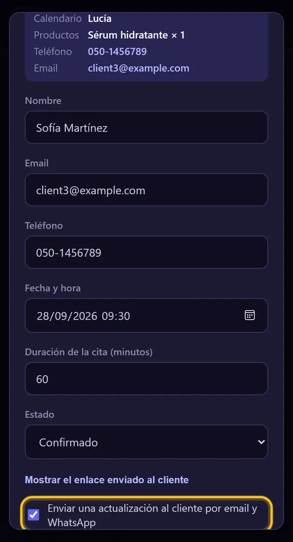 Deja marcado el aviso al cliente