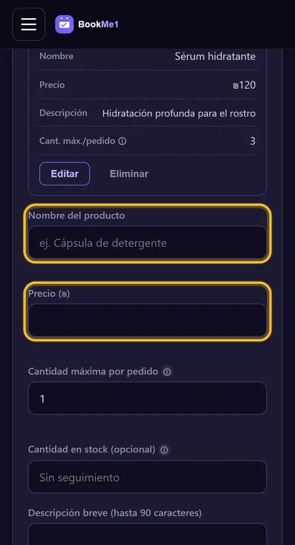 Nombre y precio