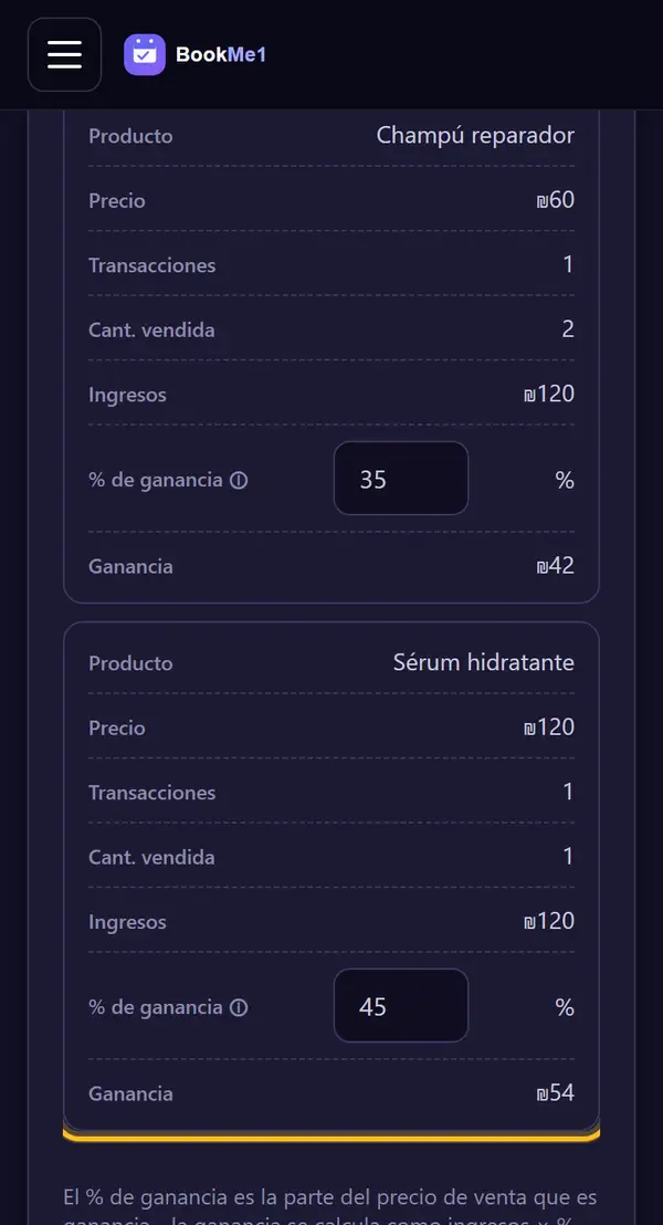 Agrega el % de ganancia a los productos