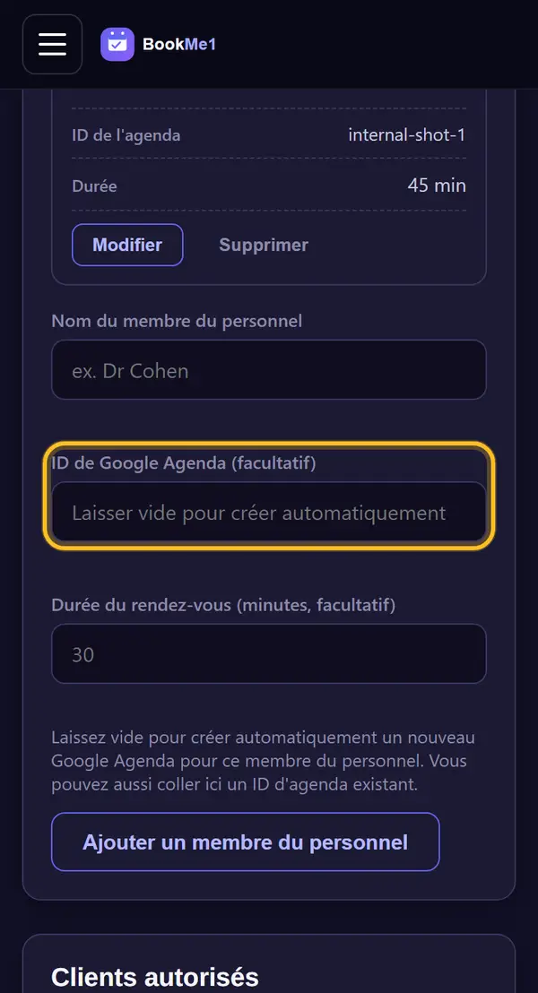 Laisser l'ID d'agenda vide