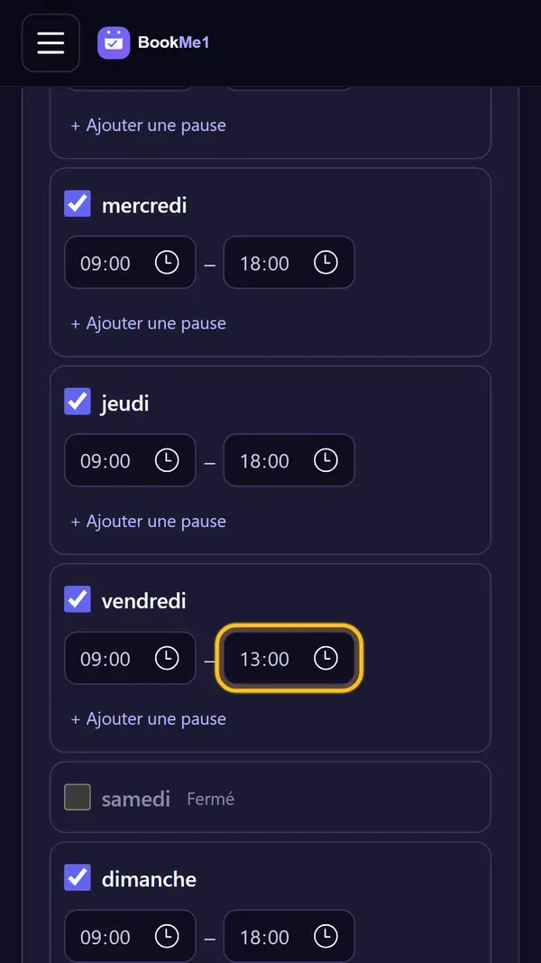 Cocher les jours et fixer les horaires