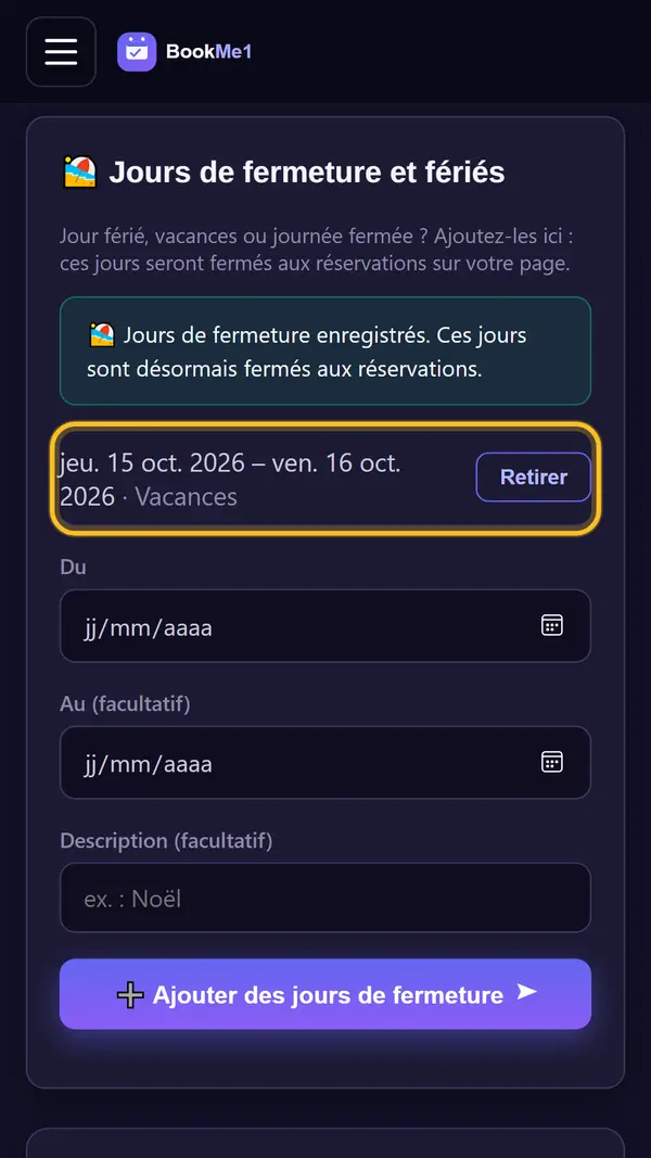 Ajouter des jours de fermeture