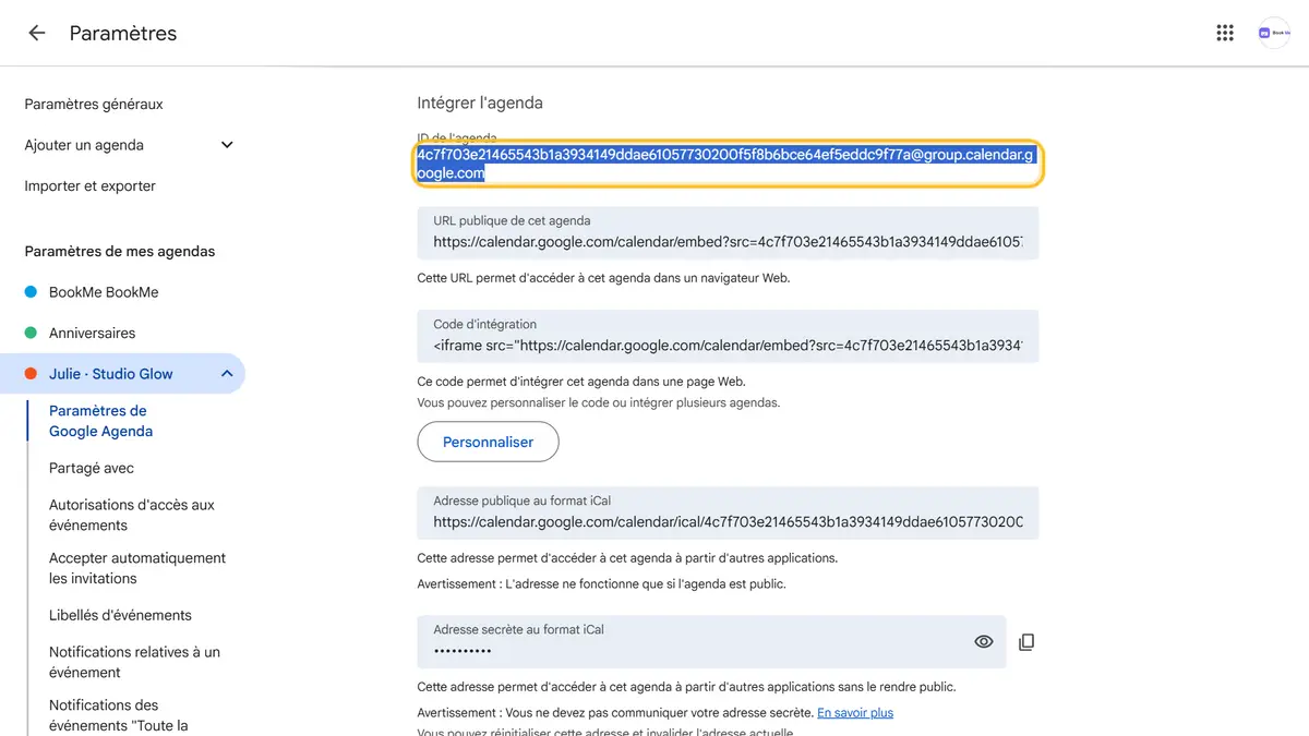 Copiez l’ID de l’agenda