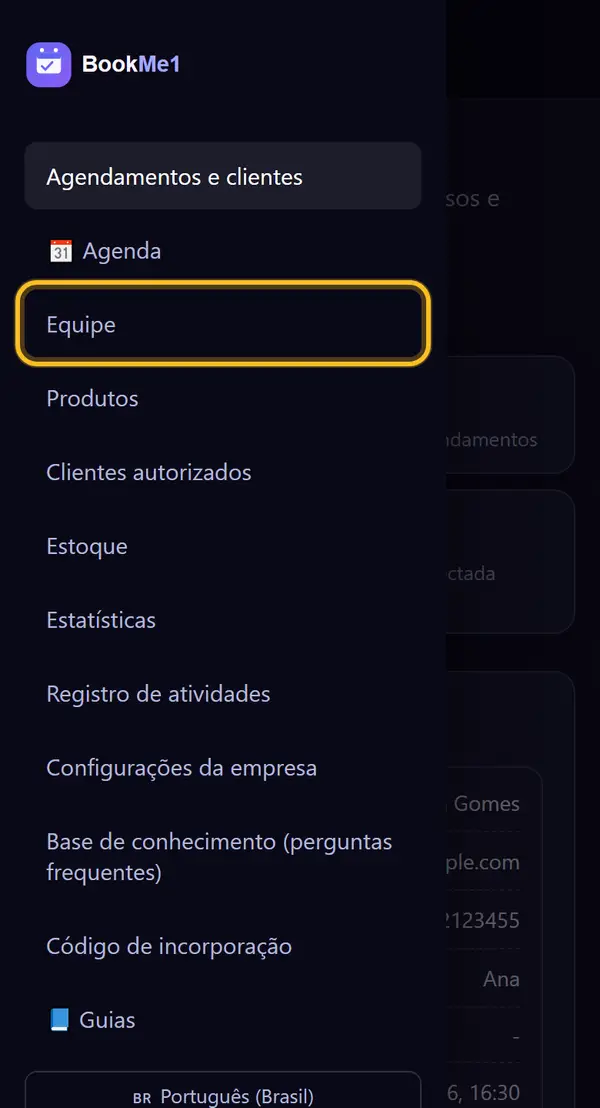 Abra "Equipe"