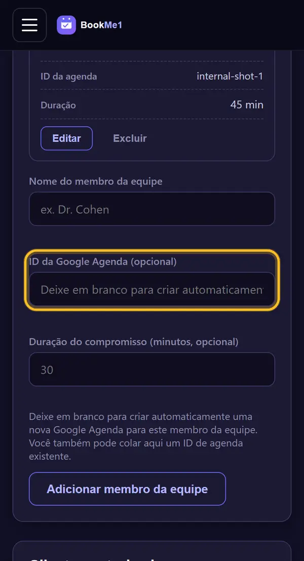 Deixe o ID da agenda em branco
