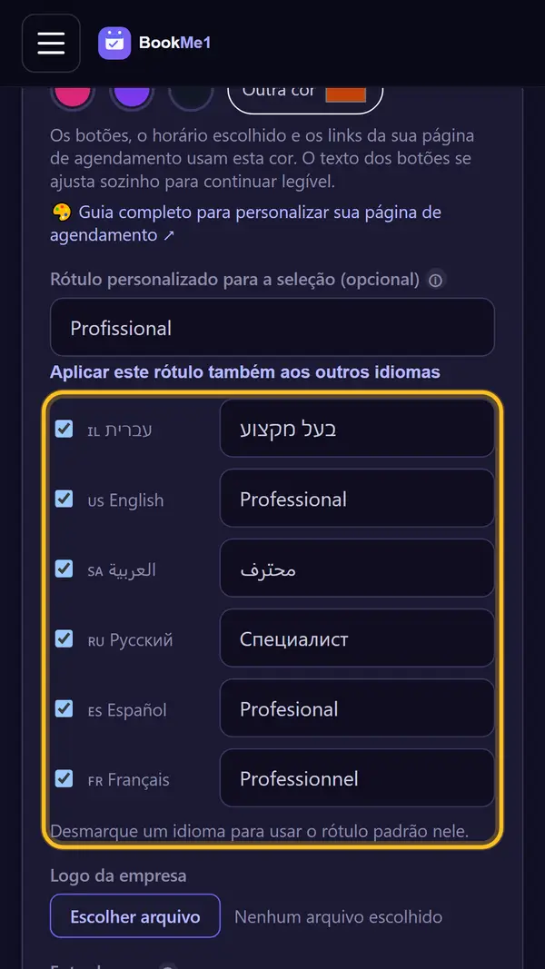 Aplique o rótulo aos outros idiomas