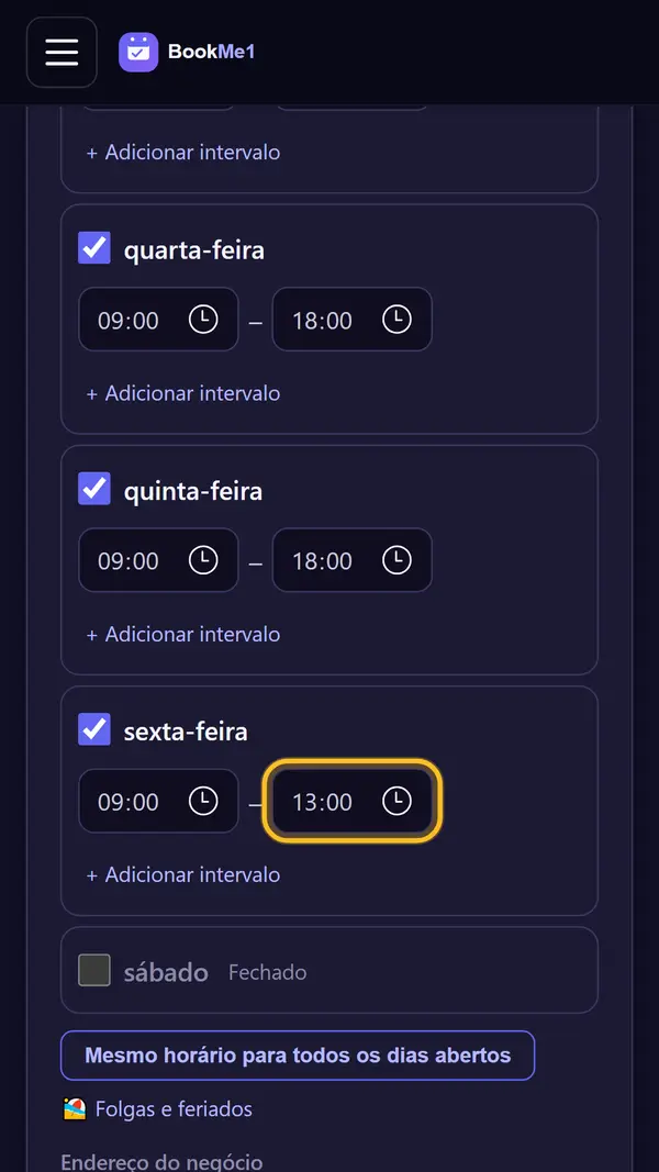 Marque os dias e defina o horário
