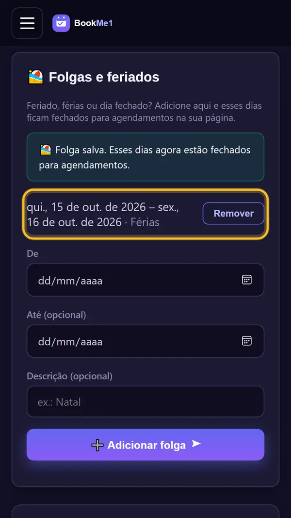 Adicione folgas e feriados