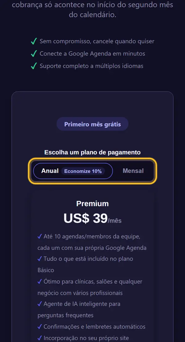 Escolha cobrança anual ou mensal
