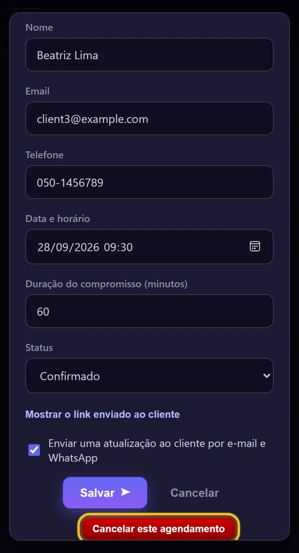 Precisa cancelar? "Cancelar este agendamento"