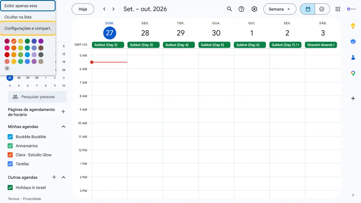 Abra as configurações da agenda