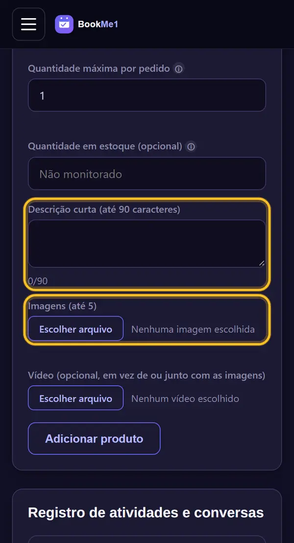 Descrição, fotos e vídeo (opcional)