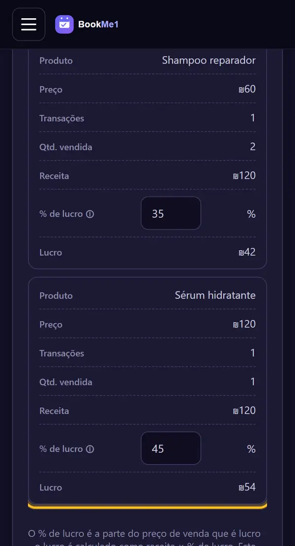 Adicione a % de lucro dos produtos