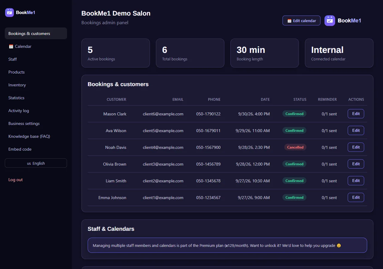 Business admin panel