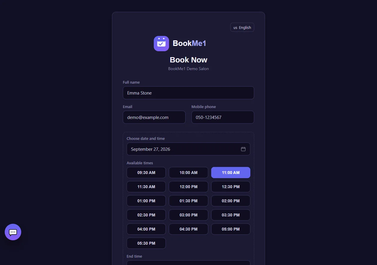 Booking page